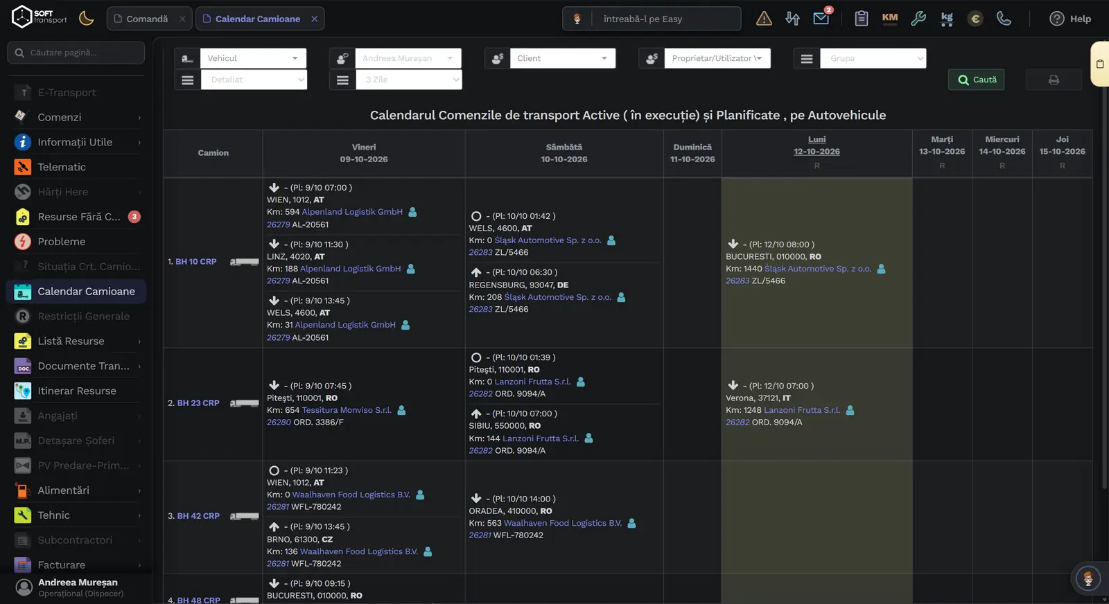 Soft-Transport v34, calendarul camioanelor