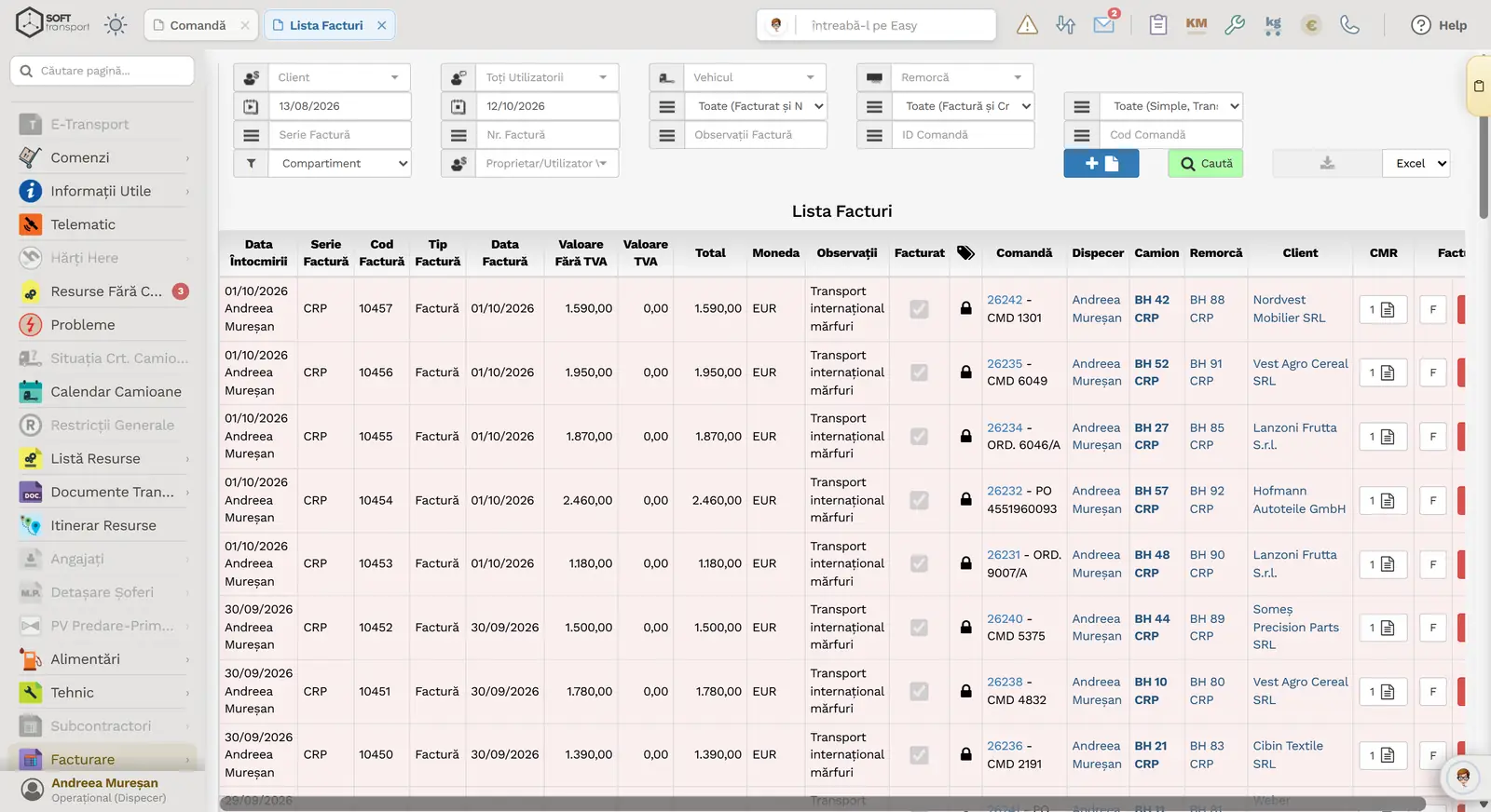 Soft-Transport v34, lista de facturi