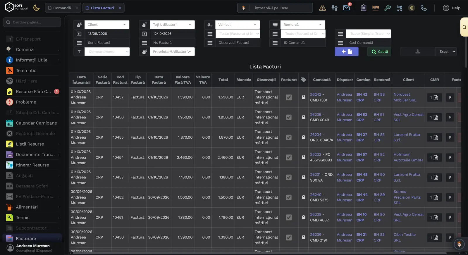 Soft-Transport v34, lista de facturi