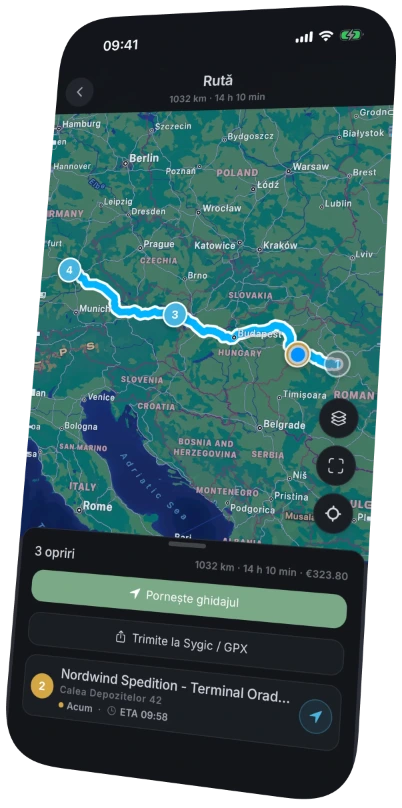 Ruta pusă de dispecer, pe hartă — km, ore, taxe și ghidaj vocal