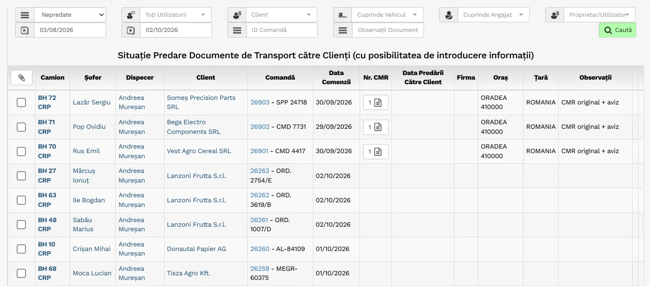 Pagina Predare Documente din program, în tema luminoasă, cu date de probă: comenzile cu camionul, șoferul, clientul, CMR-ul atașat, data predării către client și observațiile.