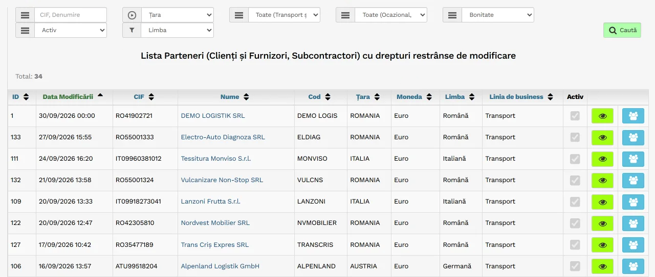 Lista Parteneri din program, în tema luminoasă, cu date de probă: clienții, furnizorii și subcontractorii, cu CIF-ul, numele, codul, țara, moneda, limba și linia de business a fiecăruia.