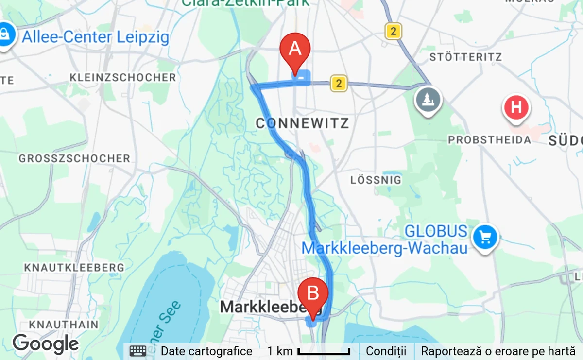 Captura Google Maps din program, de la Leipzig la Markkleeberg: ruta de mașină, peste podul AGRA.