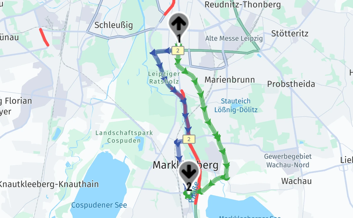 Captura HERE din program pentru camionul de 40 t, de la Leipzig la Markkleeberg: două variante, linia albastră și linia verde, niciuna peste podul AGRA.