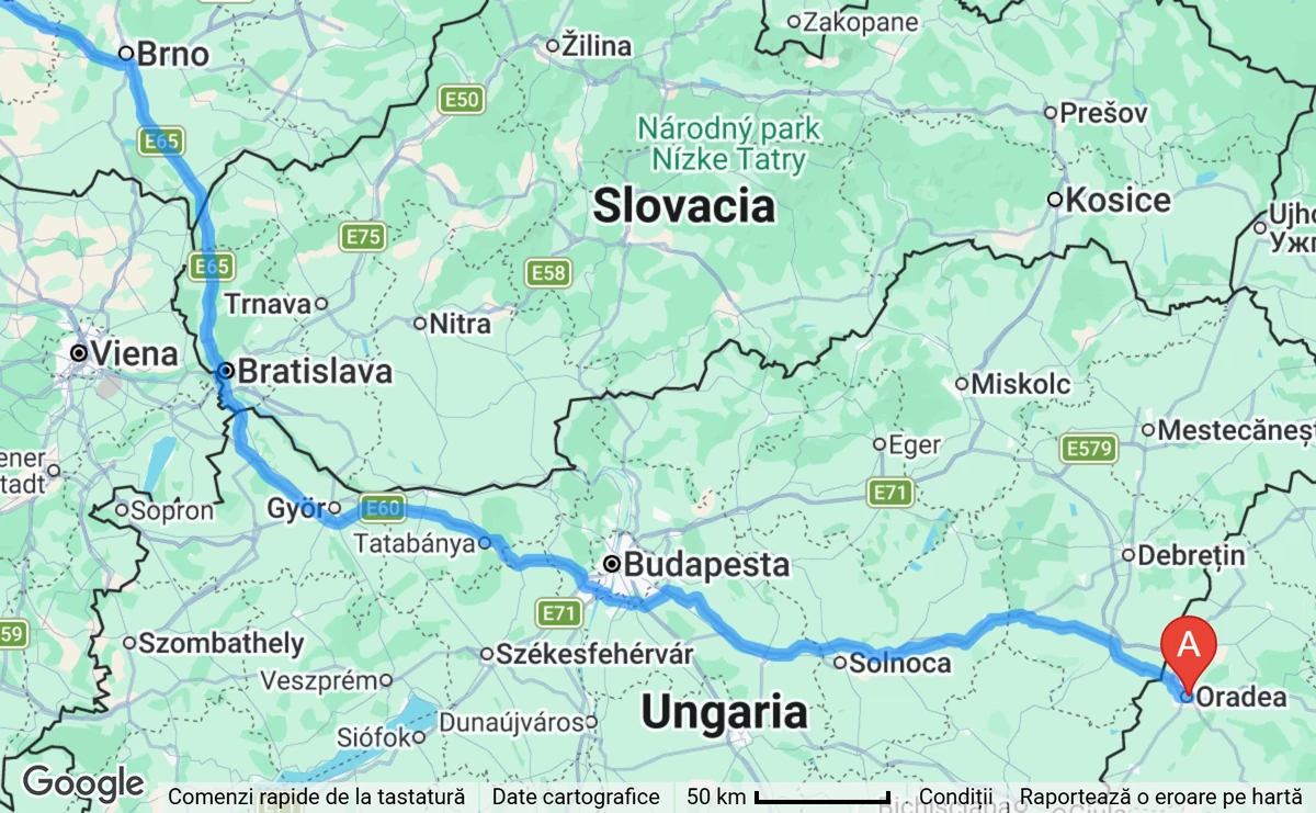 Captura Google Maps din program, mărită pe zona în care rutele se despart: ruta de mașină, de la Oradea pe la Budapesta și Bratislava, până la Brno.