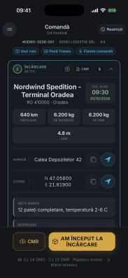 Ecranul comenzii din aplicația șoferului: încărcarea de la Oradea, cu sosirea planificată la 09:30, și butonul mare „Am început la încărcare”.