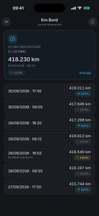 Jurnalul de km bord din aplicația șoferului: ultima citire, 418.230 km, și citirile marcate AUTO, venite singure din GPS-ul camionului.